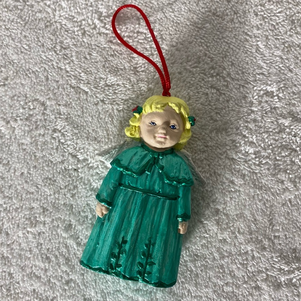 Vintage Hand Painted Green Angel Ceramic Christmas Tree Ornament